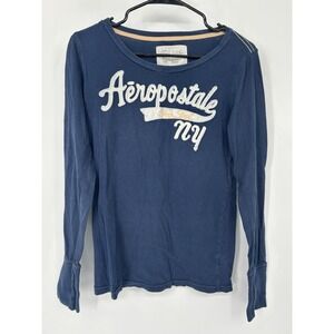 Y2K Aeropostale Blue NY Long Sleeve Shirt Sz L Stretch Fitted Retro 34th Street